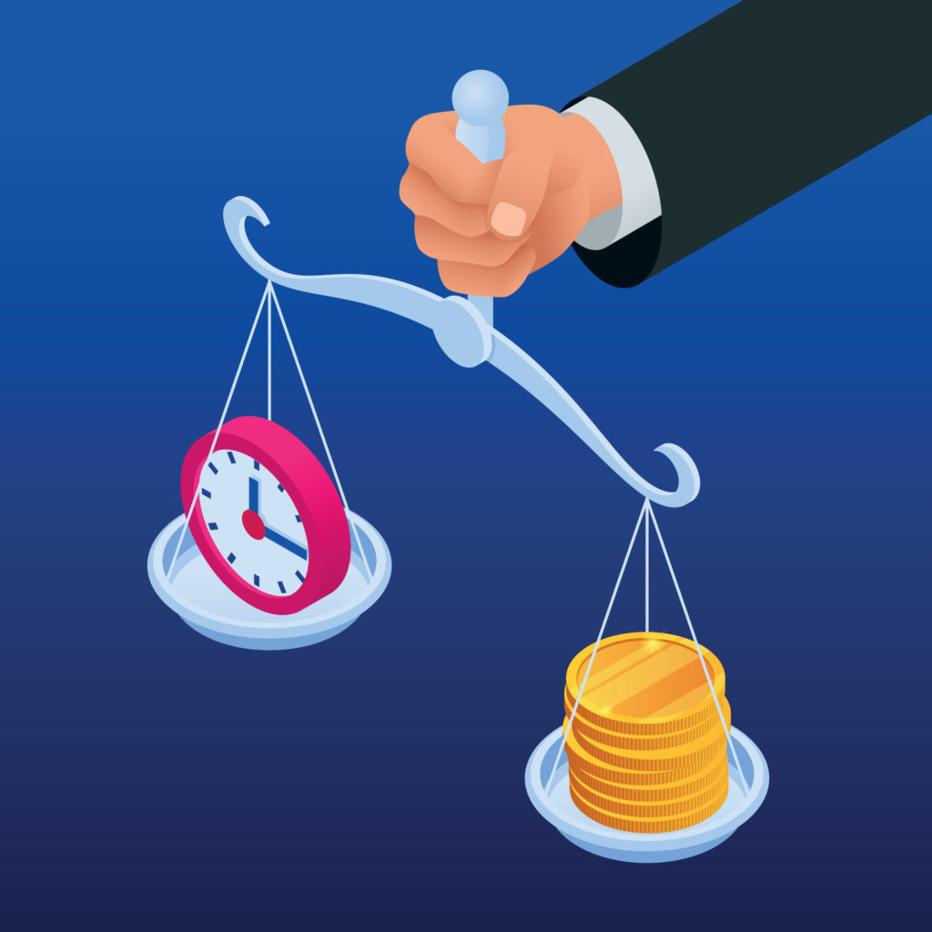 vector image of man holding scale balancing time and money for investing