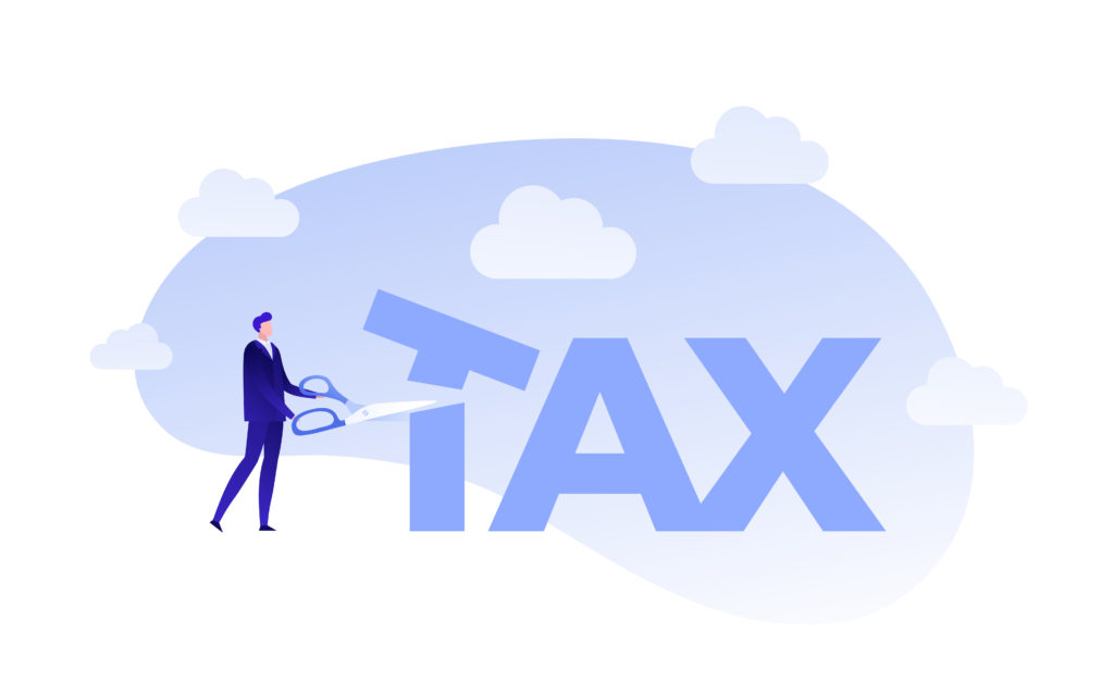 vector image of man cutting the word "tax"