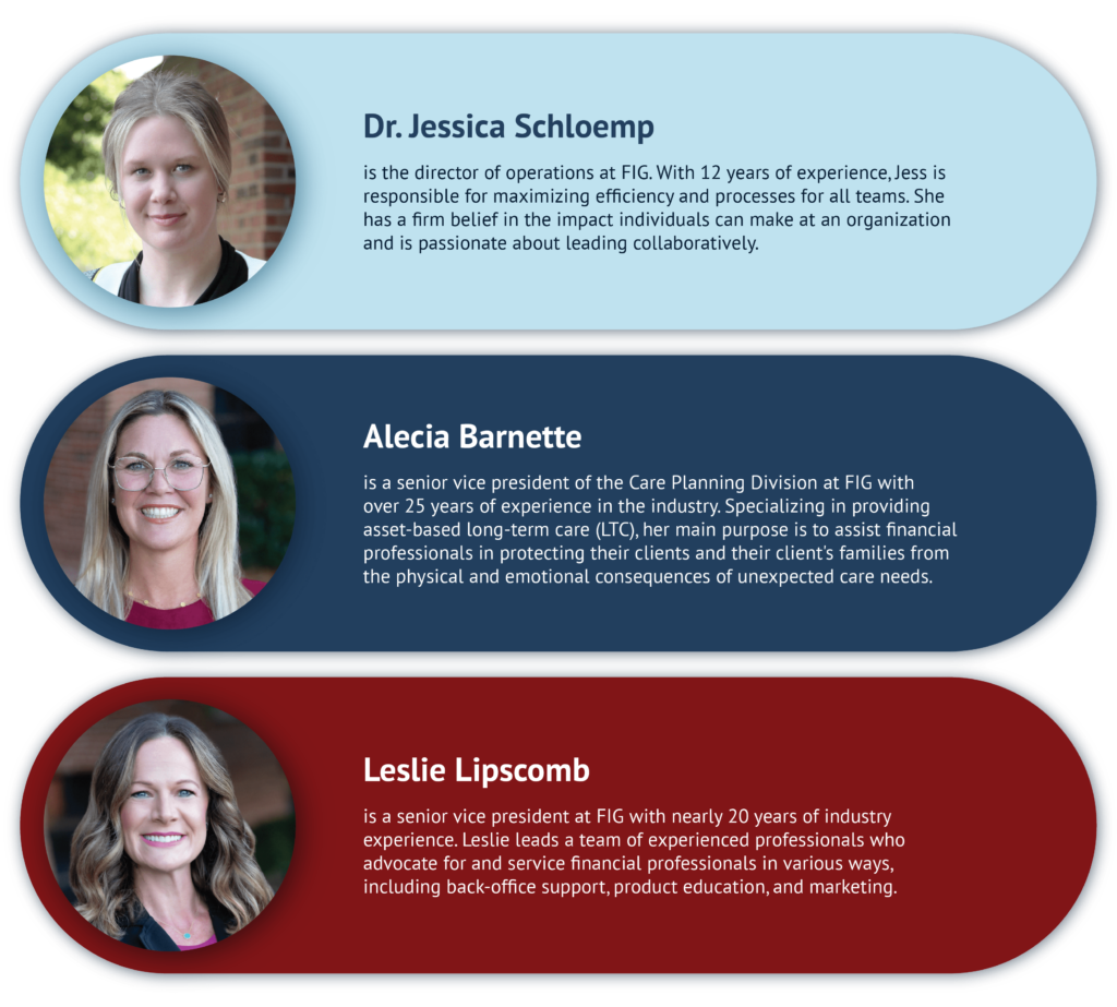 professional bios of Jess Schlomp, Alecia Barnette, and Leslie Lipscomb of Financial Independence Group